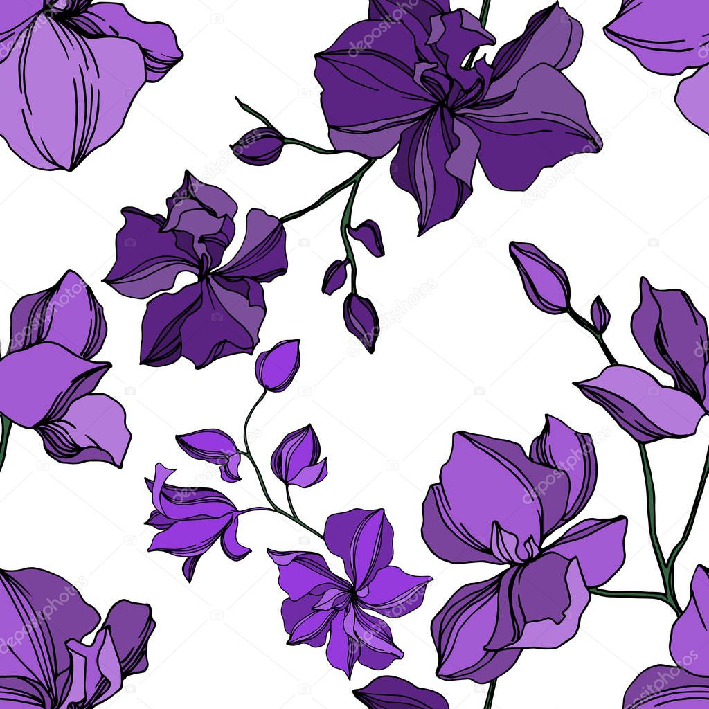 Vector Orchid floral botanical flowers. Black and purple engraved ink art. Seamless background pattern.