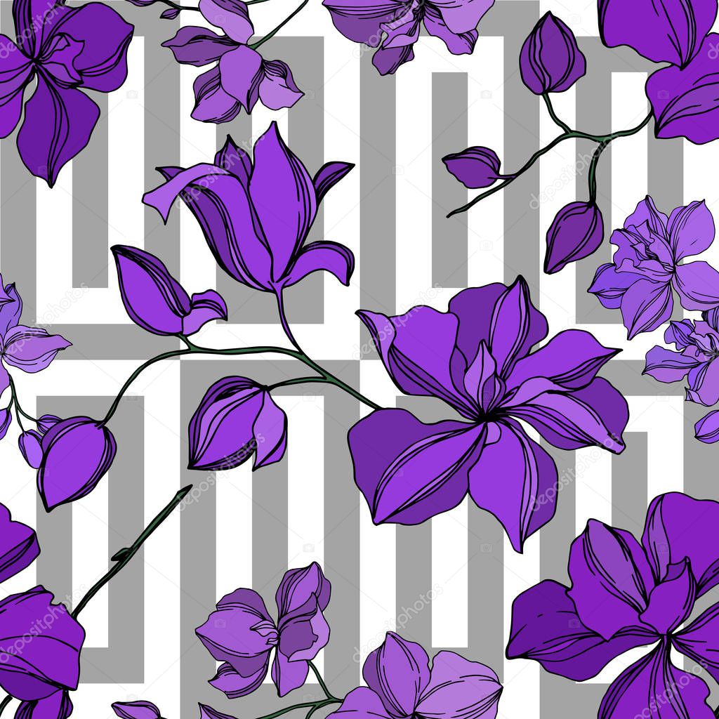 Vector Orchid floral botanical flowers. Black and purple engraved ink art. Seamless background pattern.