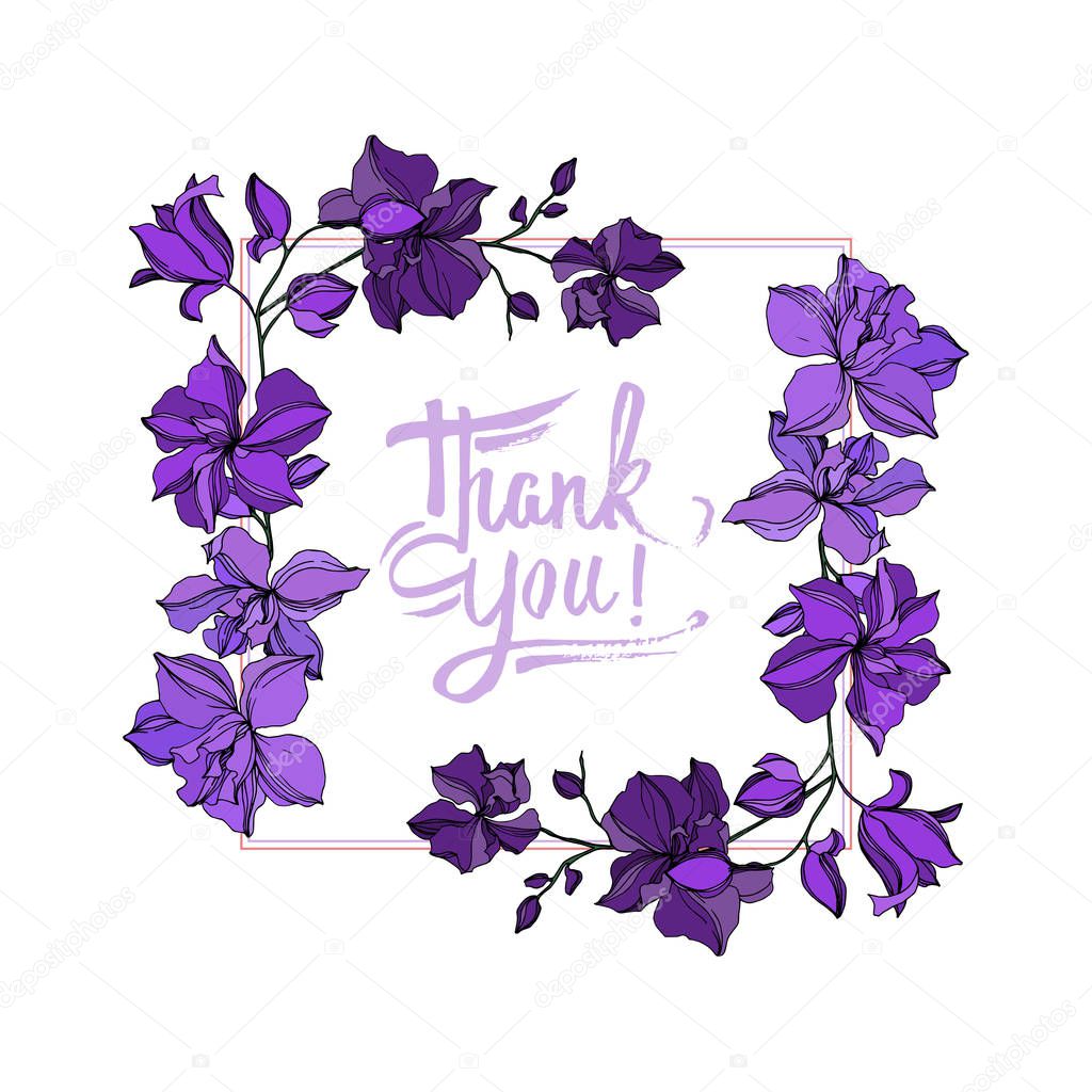 Vector Orchid floral botanical flowers. Black and purple engraved ink art. Frame border ornament square.