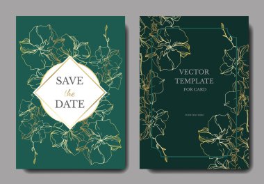 Vektör Orkide çiçek botanik çiçekler. Siyah ve beyaz oyulmuş mürekkep sanatı. Düğün arka plan kartı dekoratif sınır.