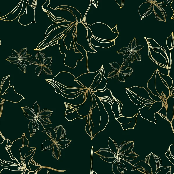 벡터 난초 꽃 식물 꽃입니다. 흑백 잉크 아트가 새겨져 있습니다. 원활한 배경 패턴. — 스톡 벡터