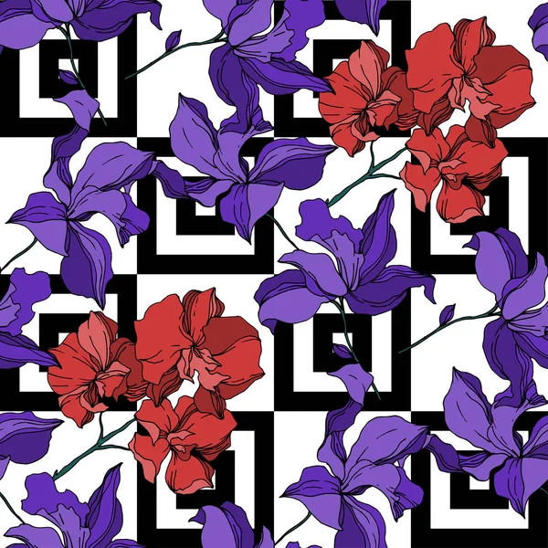 Vector Orchid flores botánicas florales. Tinta grabada en blanco y negro. Patrón de fondo sin costuras . — Vector de stock