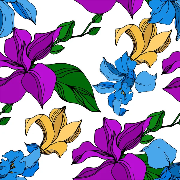 ベクトル蘭の花の植物の花。黒と白の彫刻インクアート。シームレスな背景パターン. — ストックベクタ