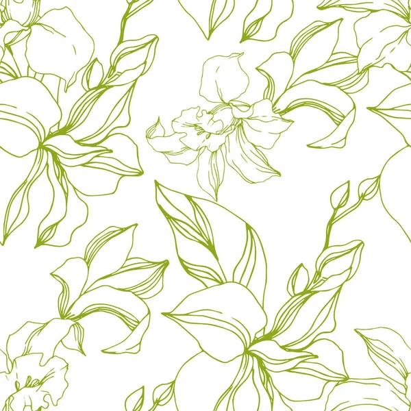 Fiori botanici floreali del Orchid del vettore. Inchiostro inciso in bianco e nero art. Modello di sfondo senza soluzione di continuità . — Vettoriale Stock