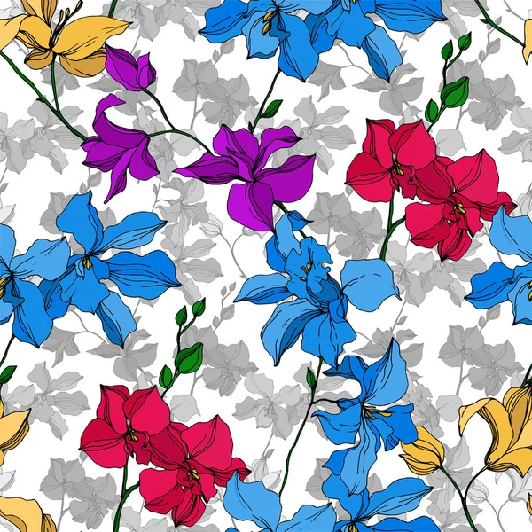 Vektorororchidee florale botanische Blumen. Schwarz-weiß gestochene Tuschekunst. nahtloses Hintergrundmuster. — Stockvektor