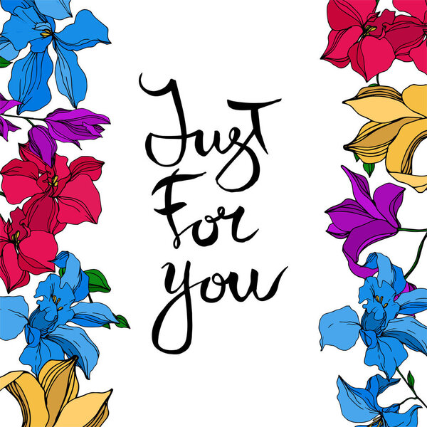 Vector Orchid floral botanical flowers. Black and white engraved ink art. Frame border ornament square.