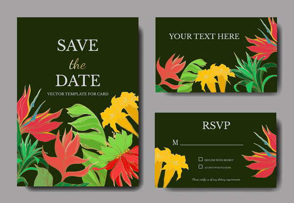 Vector Palm beach botanical flowers. Black and white engraved ink art. Wedding background card floral decorative border.