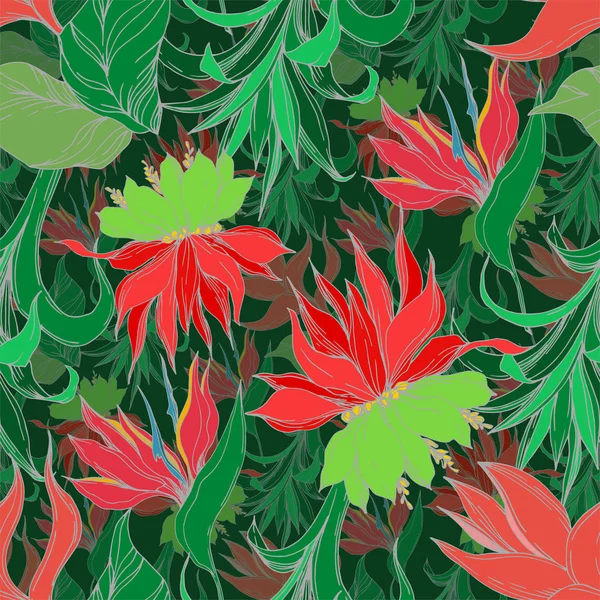 벡터 팜 비치 트리는 정글 식물 꽃을 나뭇잎. 흑백 잉크 아트가 새겨져 있습니다. 원활한 배경 패턴. — 스톡 벡터