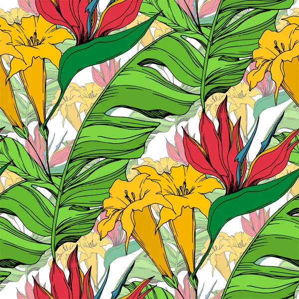 Vector Palm Beach tree verlaat jungle botanische bloemen. Zwart-wit gegraveerd Ink Art. Naadloos achtergrond patroon. — Stockvector