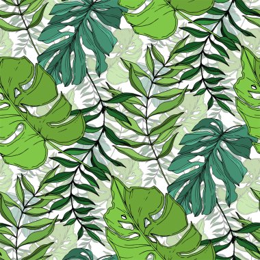Vector Exotic tropical hawaiian summer. Palm beach tree leaves jungle botanical. Black and white engraved ink art. background pattern. Fabric wallpaper print texture. clipart
