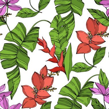 Vektör Palmiye plaj ağacı orman botanik bitki bırakır. Siyah ve beyaz oyulmuş mürekkep sanatı. Kesintisiz arka plan deseni.