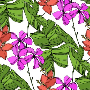 Vektör Palmiye plaj ağacı orman botanik bitki bırakır. Siyah ve beyaz oyulmuş mürekkep sanatı. Kesintisiz arka plan deseni.