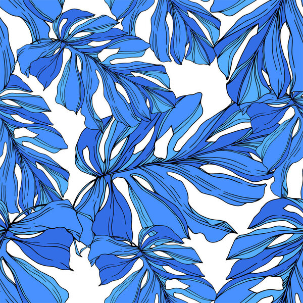 Vector Palm Beach tree leaves jungle botanical. Черно-белый рисунок чернил. Бесшовный рисунок фона
.