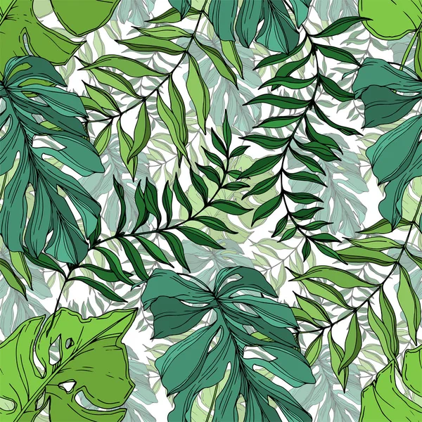 벡터 팜 비치 트리는 정글 식물을 나뭇잎. 흑백 잉크 아트가 새겨져 있습니다. 원활한 배경 패턴. — 스톡 벡터