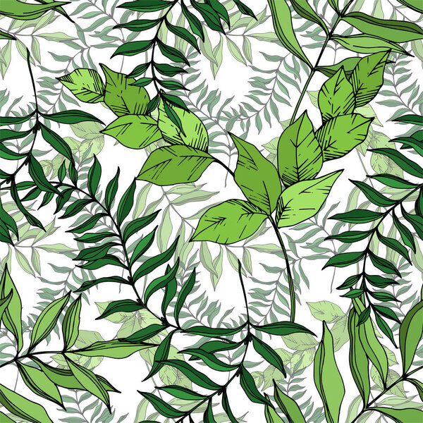 Vector Palm beach tree leaves jungle botanical. Black and white engraved ink art. Seamless background pattern.