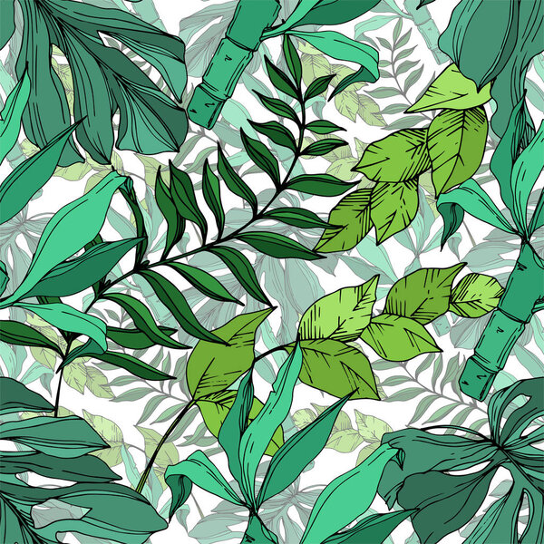 Vector Palm beach tree leaves jungle botanical. Black and white engraved ink art. Seamless background pattern.