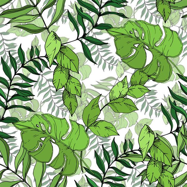 Vector Palm beach tree leaves jungle botanical. Black and white engraved ink art. Seamless background pattern.
