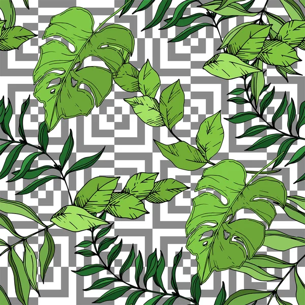 La palmera vectorial deja la selva botánica. Tinta grabada en blanco y negro. Patrón de fondo sin costuras . — Vector de stock