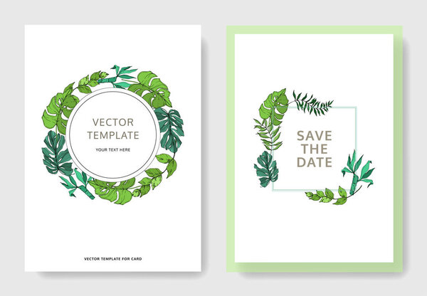 Vector Palm beach tree leaves jungle botanical. Black and white engraved ink art. Wedding background card border.