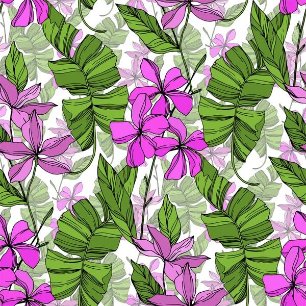 Vector Palm beach tree leaves jungle botanical plant. Black and white engraved ink art. Seamless background pattern.