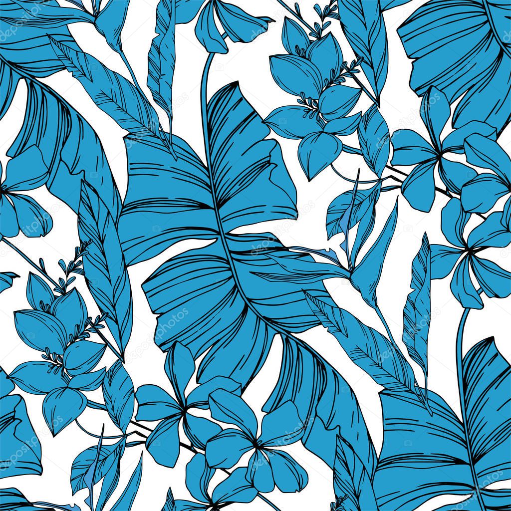 Vector Palm beach tree leaves jungle botanical plant. Black and white engraved ink art. Seamless background pattern.