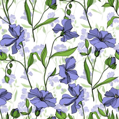 Vektör Keten çiçek botanik çiçekler. Siyah ve beyaz oyulmuş mürekkep sanatı. Kesintisiz arka plan deseni.