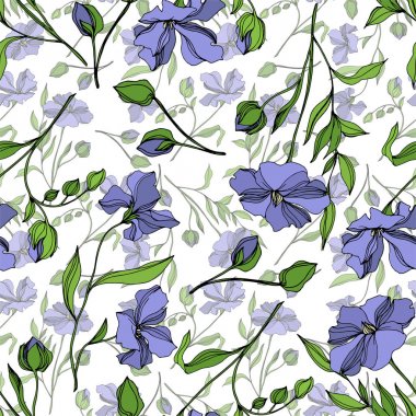 Vector Flax floral botanical flowers. Black and white engraved ink art. Seamless background pattern. clipart