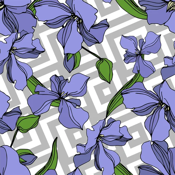 Vector Flax flores botánicas florales. Tinta grabada en blanco y negro. Patrón de fondo sin costuras . — Vector de stock