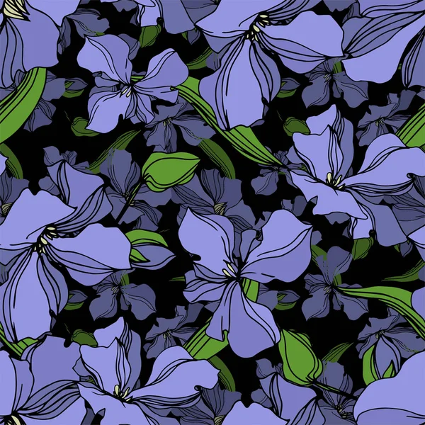 Vektor Flachs florale botanische Blumen. Schwarz-weiß gestochene Tuschekunst. nahtloses Hintergrundmuster. — Stockvektor