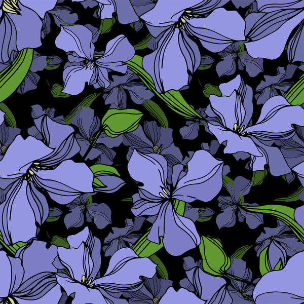 Vector Flax floral botanical flowers. Black and white engraved ink art. Seamless background pattern.
