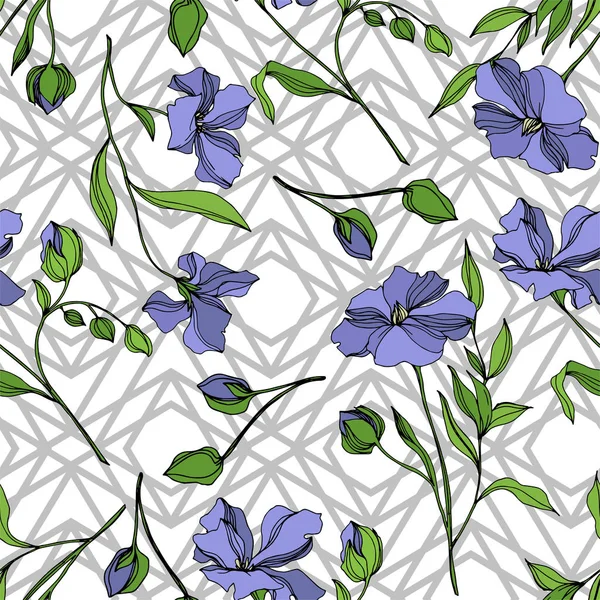 Vector Flax flores botánicas florales. Tinta grabada en blanco y negro. Patrón de fondo sin costuras . — Archivo Imágenes Vectoriales