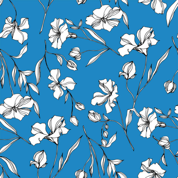 Vector Flax floral botanical flowers. Black and white engraved ink art. Seamless background pattern.