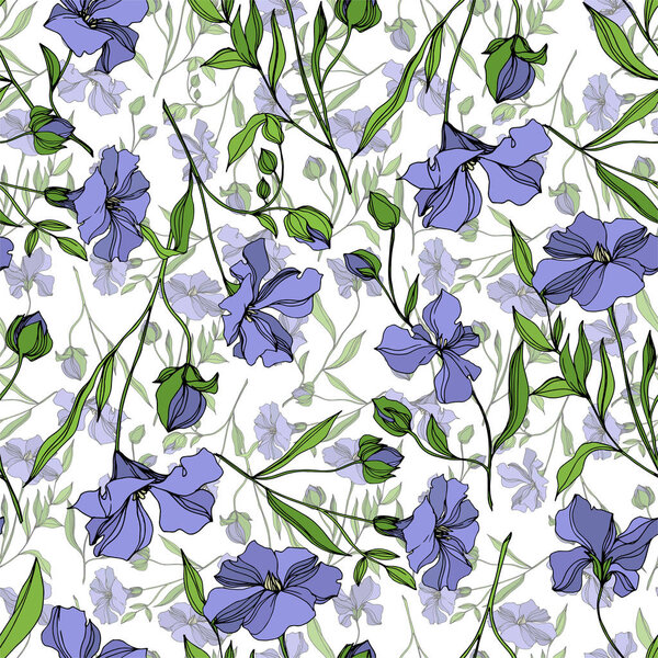 Vector Flax floral botanical flowers. Black and white engraved ink art. Seamless background pattern.