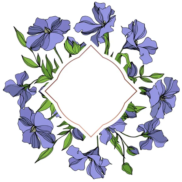 Vector Flax flores botânicas florais. Tinta gravada a preto e branco. Quadro borda ornamento quadrado . — Vetor de Stock