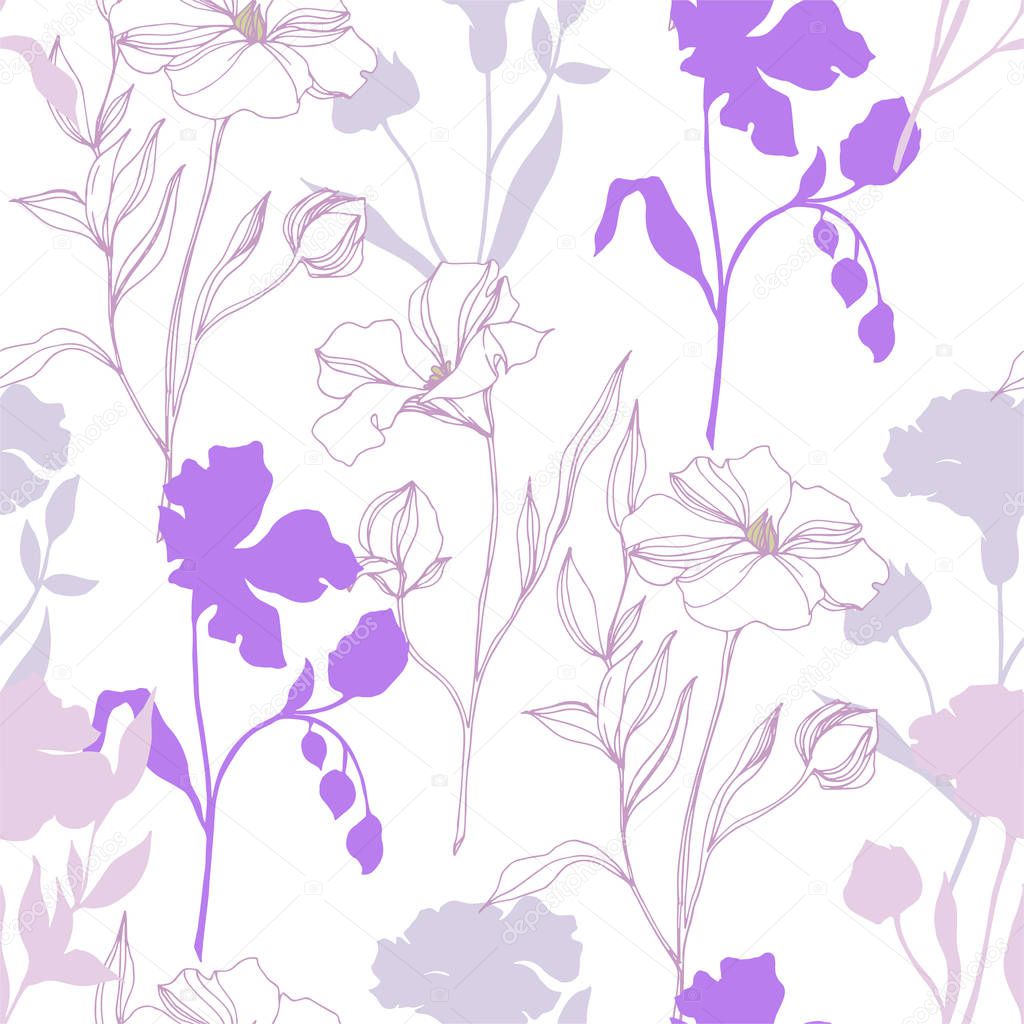 Vector Flax floral botanical flowers. Black and white engraved ink art. Seamless background pattern.