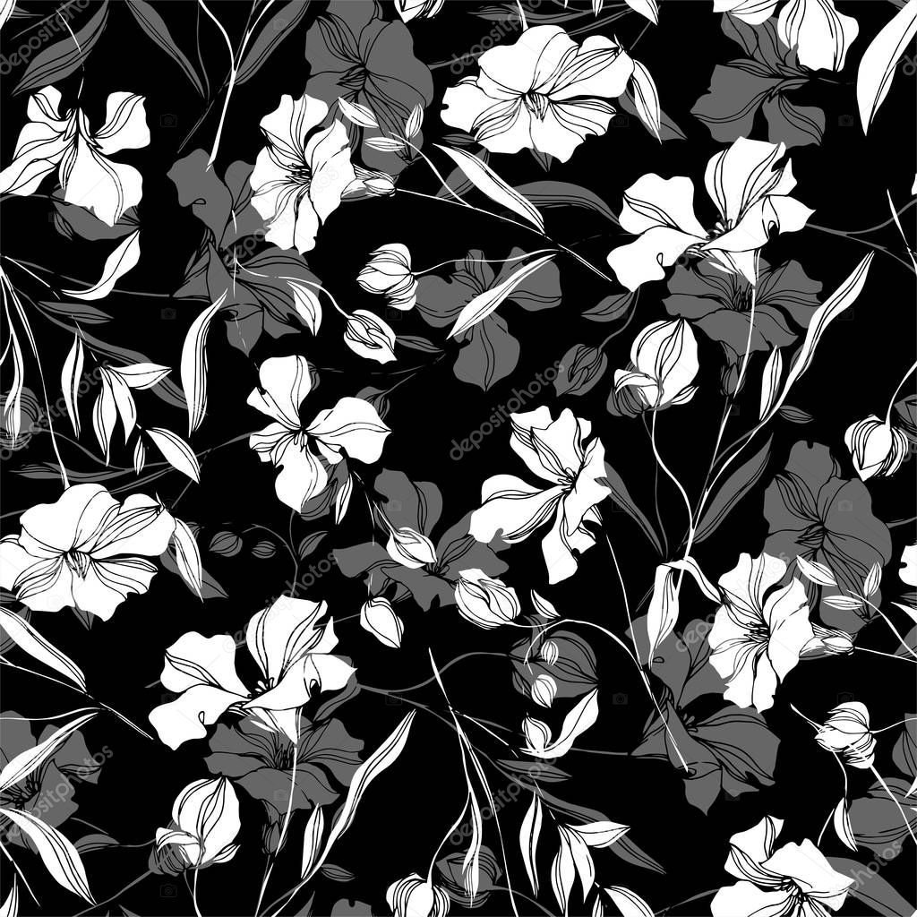 Vector Flax floral botanical flowers. Black and white engraved ink art. Seamless background pattern.