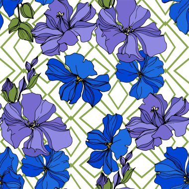 Vektör Keten çiçek botanik çiçekler. Siyah ve beyaz oyulmuş mürekkep sanatı. Kesintisiz arka plan deseni.