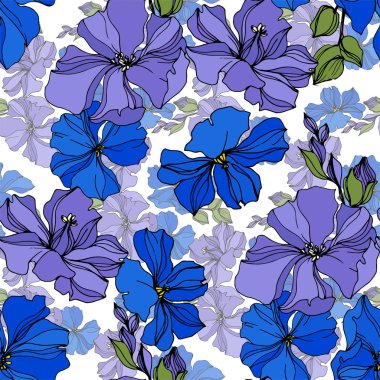 Vektör Keten çiçek botanik çiçekler. Siyah ve beyaz oyulmuş mürekkep sanatı. Kesintisiz arka plan deseni.