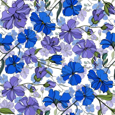 Vektör Keten çiçek botanik çiçekler. Siyah ve beyaz oyulmuş mürekkep sanatı. Kesintisiz arka plan deseni.