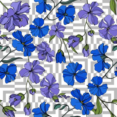 Vektör Keten çiçek botanik çiçekler. Siyah ve beyaz oyulmuş mürekkep sanatı. Kesintisiz arka plan deseni.