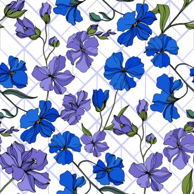 Vektör Keten çiçek botanik çiçekler. Siyah ve beyaz oyulmuş mürekkep sanatı. Kesintisiz arka plan deseni.