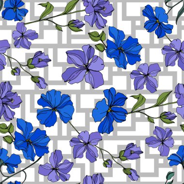 Vektör Keten çiçek botanik çiçekler. Siyah ve beyaz oyulmuş mürekkep sanatı. Kesintisiz arka plan deseni.