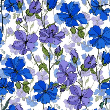 Vektör Keten çiçek botanik çiçekler. Siyah ve beyaz oyulmuş mürekkep sanatı. Kesintisiz arka plan deseni.