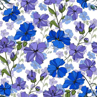 Vektör Keten çiçek botanik çiçekler. Siyah ve beyaz oyulmuş mürekkep sanatı. Kesintisiz arka plan deseni.