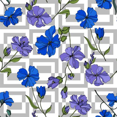 Vektör Keten çiçek botanik çiçekler. Siyah ve beyaz oyulmuş mürekkep sanatı. Kesintisiz arka plan deseni.