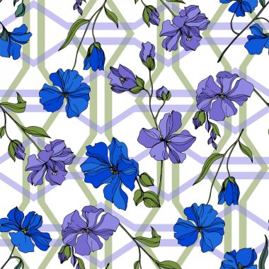 Vektör Keten çiçek botanik çiçekler. Siyah ve beyaz oyulmuş mürekkep sanatı. Kesintisiz arka plan deseni.