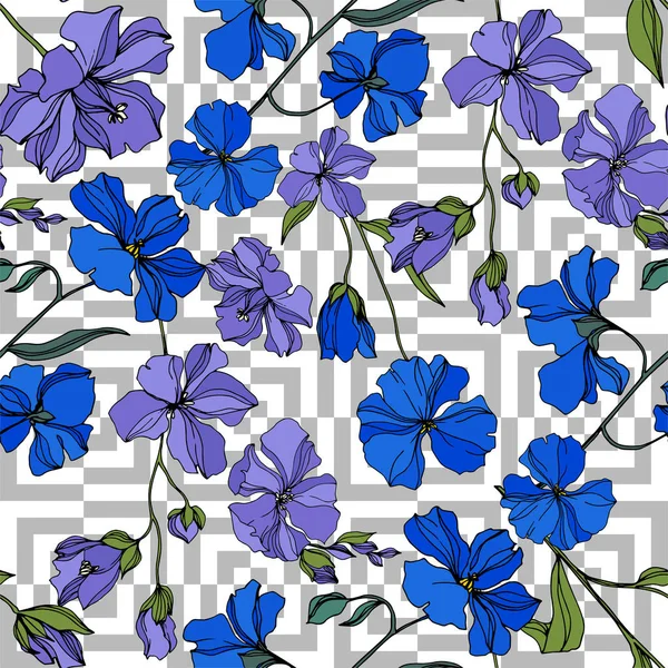 Vektör Keten çiçek botanik çiçekler. Siyah ve beyaz oyulmuş mürekkep sanatı. Kesintisiz arka plan deseni.