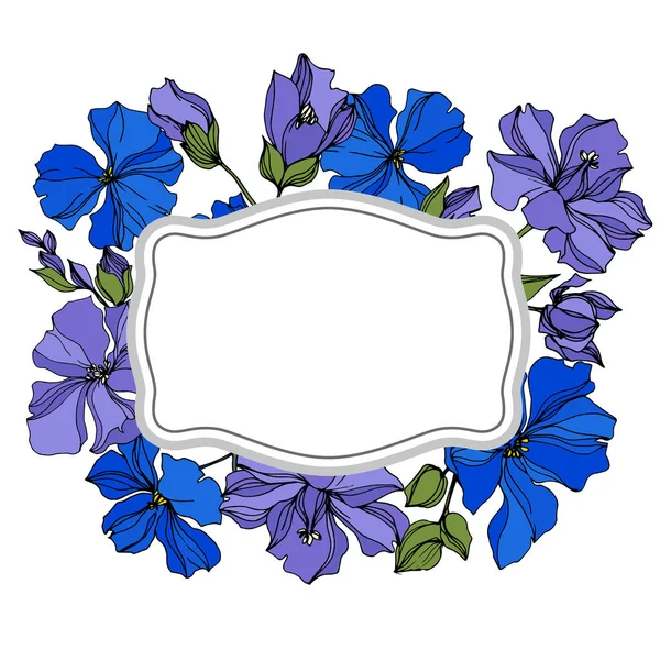 Vecteur Fleurs botaniques florales de lin. Encre gravée en noir et blanc. Cadre bordure ornement carré . — Image vectorielle