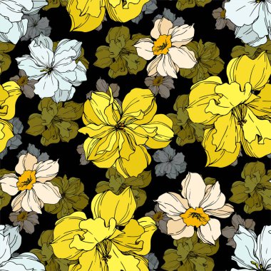 Vektör Narcissus çiçek botanik çiçekler. Siyah ve beyaz oyulmuş mürekkep sanatı. Kesintisiz arka plan deseni.