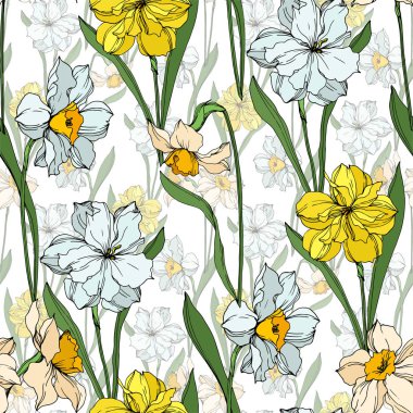 Vektör Narcissus çiçek botanik çiçekler. Siyah ve beyaz oyulmuş mürekkep sanatı. Kesintisiz arka plan deseni.